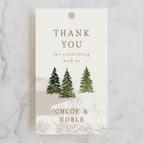 This is a cream wedding favor tags with standard by Alethea and Ruth called into the forest printing on signature in tag