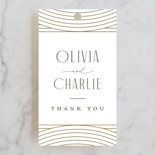 This is a alabaster wedding favor tags with standard by Pixel and Hank called moderne printing on signature in tag