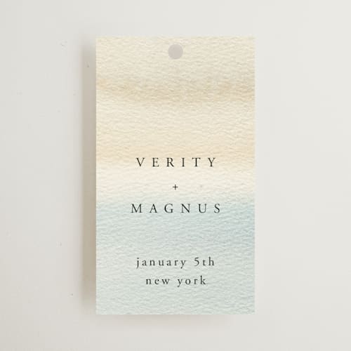 This is a sand wedding favor tags with standard by Janean Hinger called contemplate printing on signature in tag