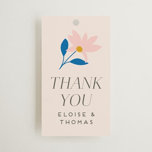 This is a cobalt wedding favor tags with standard by Genna Blackburn called blossoms abound printing on signature in tag