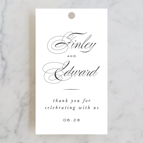 This is a tuxedo wedding favor tags with standard by Leah Bisch called vow printing on signature in tag