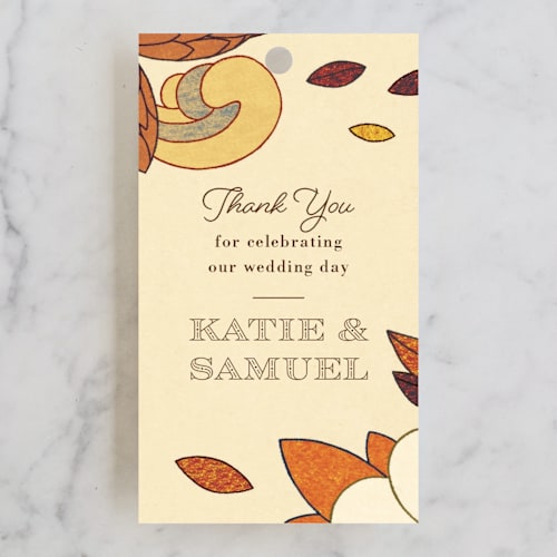 This is a umber wedding favor tags with standard by Morgan Ramberg called nouveau love printing on signature in tag