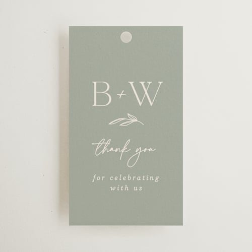 This is a sage wedding favor tags with standard by Erica Krystek called soft arch printing on signature in tag
