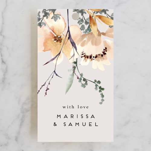 This is a almond wedding favor tags with standard by Petra Kern called sonnet printing on signature in tag