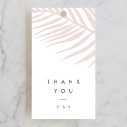 This is a porcelain wedding favor tags with standard by Pixel and Hank called palm vibes printing on signature in tag