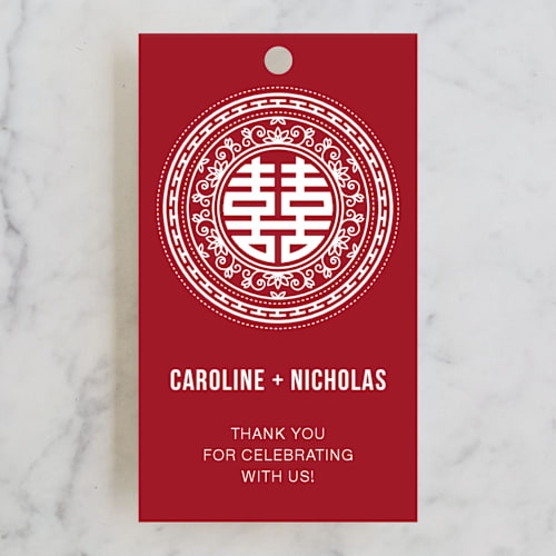This is a carmine wedding favor tags with standard by Lori James called double happiness seal printing on signature in tag