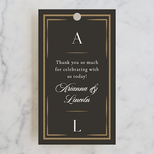This is a obsidian wedding favor tags with standard by Robert and Stella called arabesque printing on signature in tag