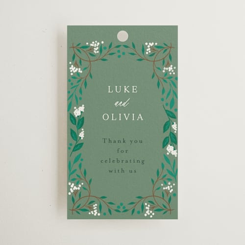 This is a evergreen wedding favor tags with standard by Alethea and Ruth called illuminated storybook printing on signature in tag