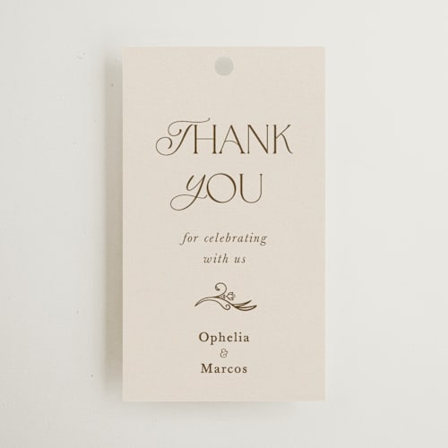 This is a ivory wedding favor tags with standard by Maria Hilas-Louie called ornate elegance printing on signature in tag