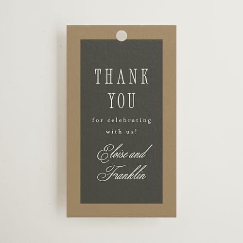 This is a graphite wedding favor tags with standard by Everett Paper Goods called hillside printing on signature in tag