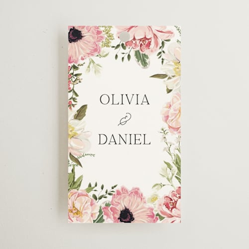 This is a peony wedding favor tags with standard by Susan Moyal called timeless blooms printing on signature in tag