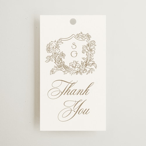 This is a pearl wedding favor tags with standard by Jenna Holcomb called rococo printing on signature in tag