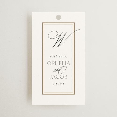This is a pearl wedding favor tags with standard by Leah Bisch called elegant type printing on signature in tag