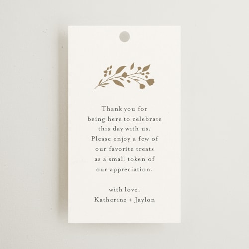 This is a cloudy wedding favor tags with standard by Jennifer Postorino called embrace printing on signature in tag