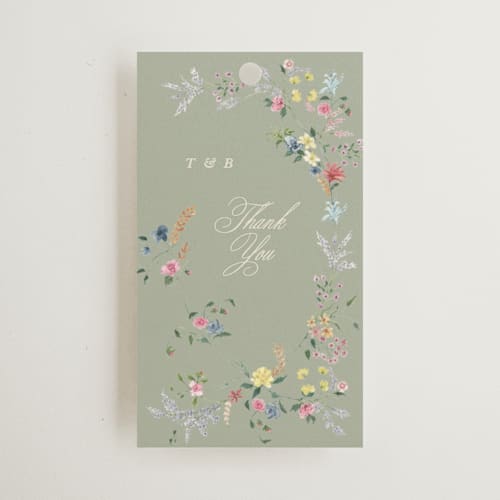 This is a english garden wedding favor tags with standard by Phrosné Barwood called whimsey floral printing on signature in tag