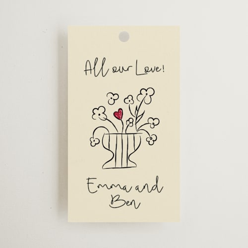 This is a champagne wedding favor tags with standard by Helena Vitto called modern love printing on signature in tag
