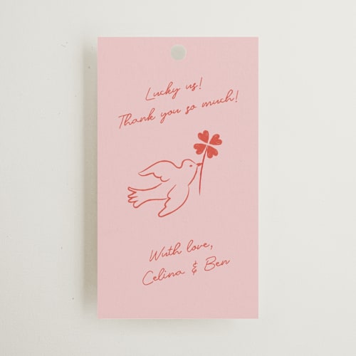 This is a peach wedding favor tags with standard by Helena Vitto called the bird song printing on signature in tag