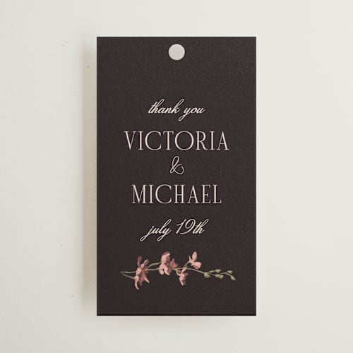 This is a merlota wedding favor tags with standard by Susan Moyal called romantics printing on signature in tag