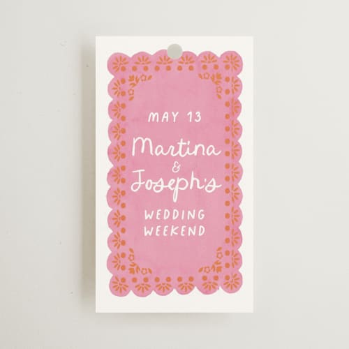 This is a carnation wedding favor tags with standard by Itsy Belle Studio called vienes printing on signature in tag