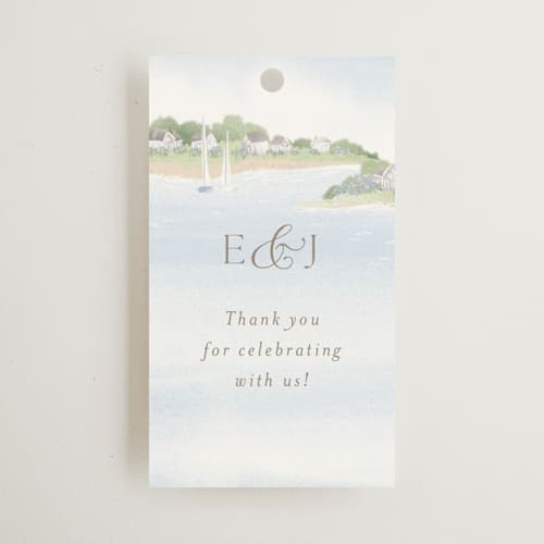 This is a aqua wedding favor tags with standard by Jennifer Wick called bristol printing on signature in tag