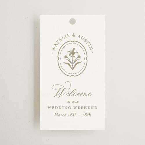 This is a paris rain wedding favor tags with standard by Jennifer Postorino called calia printing on signature in tag