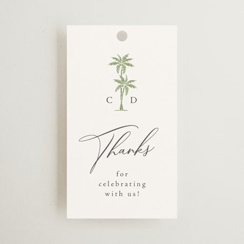 This is a leaf wedding favor tags with standard by Olivia Raufman called palm monogram printing on signature in tag