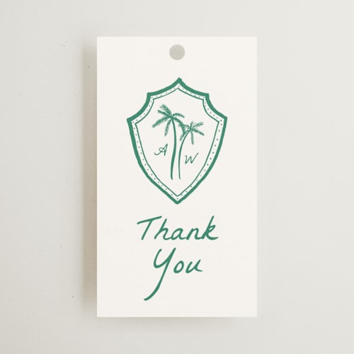 This is a palm wedding favor tags with standard by Erika Firm called palm tree crest printing on signature in tag