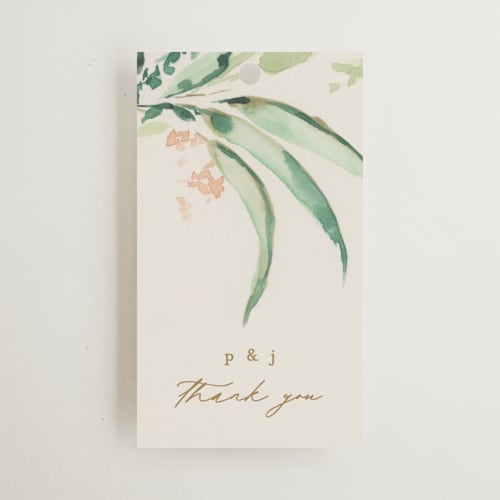 This is a greenery wedding favor tags with standard by Phrosné Barwood called fresh tropical printing on signature in tag