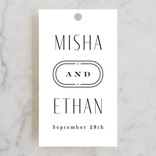 This is a sugar wedding favor tags with standard by Hooray Creative called modern deco printing on signature in tag