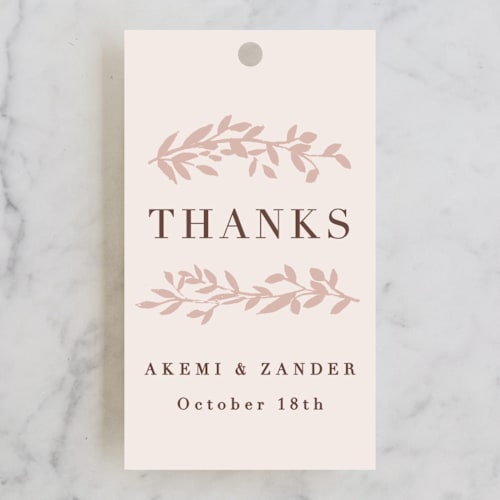 This is a blush wedding favor tags with standard by Hooray Creative called autumnal arch printing on signature in tag