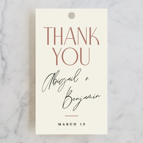 This is a cream puff wedding favor tags with standard by Pixel and Hank called together printing on signature in tag