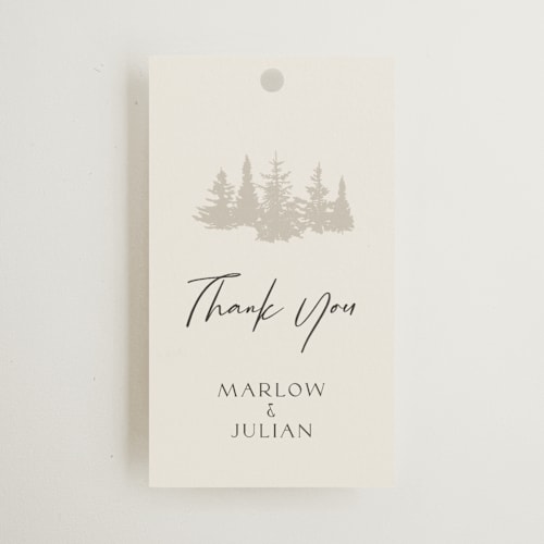 This is a fallen snow wedding favor tags with standard by Robin Ott called vista printing on signature in tag