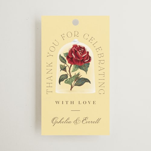 This is a mimosa wedding favor tags with standard by Leah Bisch called enchanted rose from disney's beauty & the beast printing on signature in tag