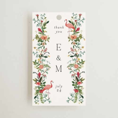 This is a papaya wedding favor tags with standard by Susan Moyal called tropica printing on signature in tag