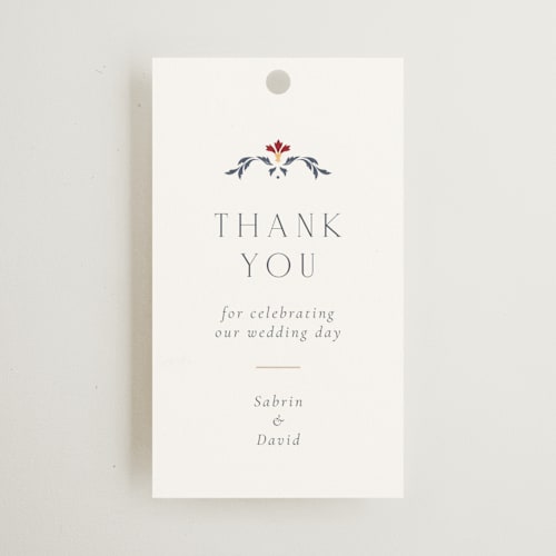 This is a scarlet wedding favor tags with standard by Sabrin Deirani called islamic arch printing on signature in tag