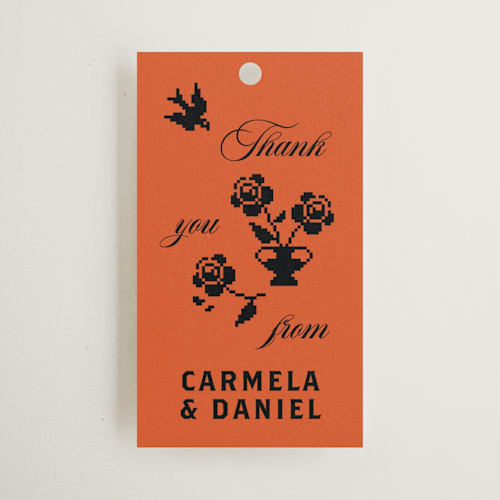 This is a amaro wedding favor tags with standard by Studio Suku called bold and demure printing on signature in tag