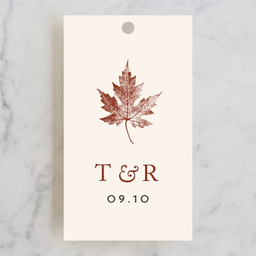 This is a rust wedding favor tags with standard by Katharine Watson called leaf print printing on signature in tag