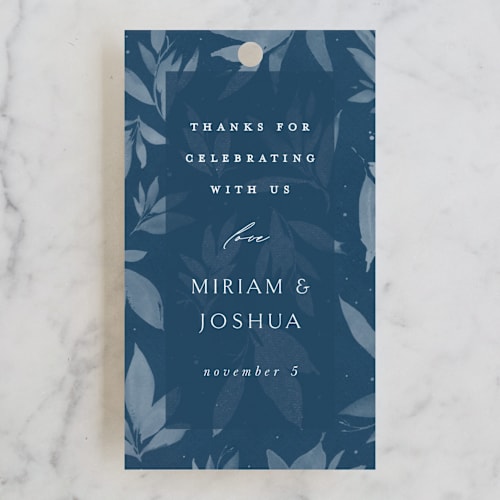 This is a midnight wedding favor tags with standard by Ashley Rosenbaum called linen printing on signature in tag