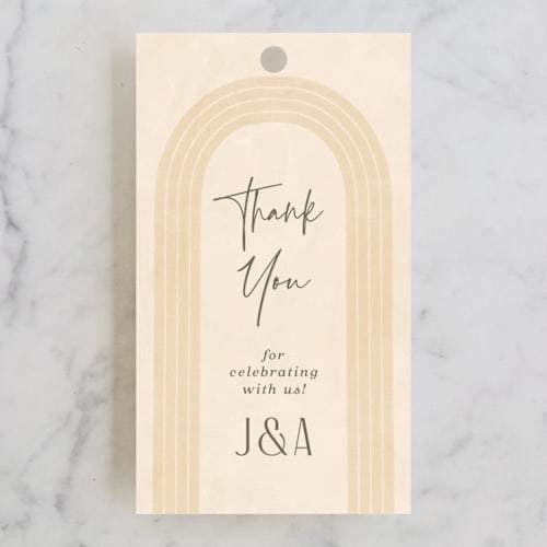 This is a desert sun wedding favor tags with standard by Laura Bolter called chuppah arch printing on signature in tag