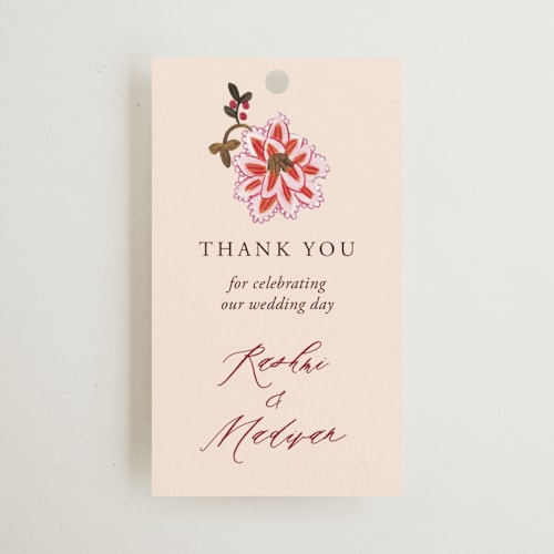 This is a ivory wedding favor tags with standard by Caroline Bonne Muller called indian floral chintz lush printing on signature in tag