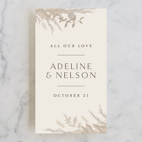 This is a linen wedding favor tags with standard by Erin Deegan called preserved fall botanicals printing on signature in tag