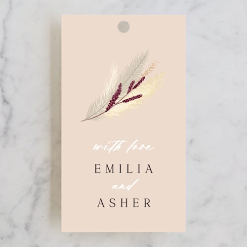This is a sand wedding favor tags with standard by Kaydi Bishop called bohemian pampas printing on signature in tag