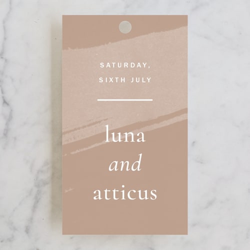 This is a latte wedding favor tags with standard by Blustery August called luna printing on signature in tag