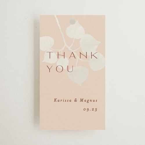 This is a latte wedding favor tags with standard by Alethea and Ruth called leaf cascade printing on signature in tag