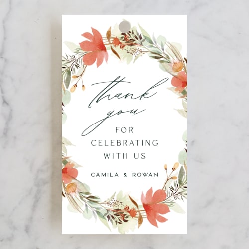This is a peach wedding favor tags with standard by Olivia Raufman called new blossoms printing on signature in tag