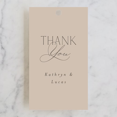 This is a latte wedding favor tags with standard by Morgan Kendall called formal elegance printing on signature in tag