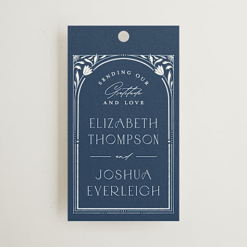 This is a delphinium wedding favor tags with standard by Ashley DeMeyere called nouveau frame printing on signature in tag