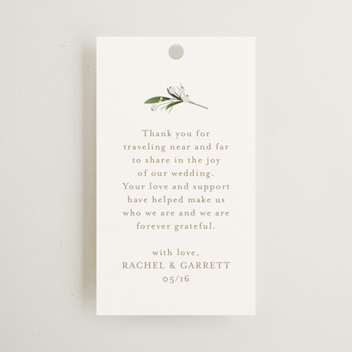 This is a champagne wedding favor tags with standard by Jennifer Postorino called soft sprigs printing on signature in tag