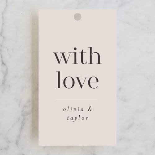 This is a dusty rose wedding favor tags with standard by Vera Lim called eclectic printing on signature in tag