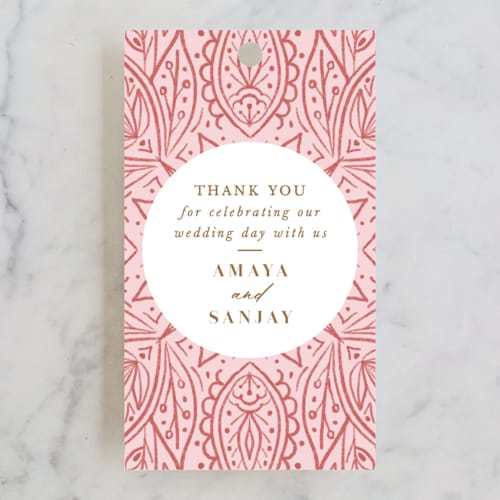 This is a blush wedding favor tags with standard by Kanika Mathur called amaya printing on signature in tag